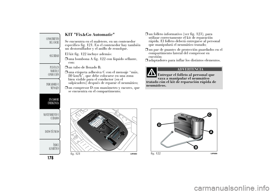 Lancia Ypsilon 2012  Manual de Empleo y Cuidado (in Spanish) KIT "Fix&Go Automatic"Se encuentra en el maletero, en un contenedor
específico fig. 121. En el contenedor hay también
un destornillador y el anillo de remolque.
El kit fig. 122 incluye adem
