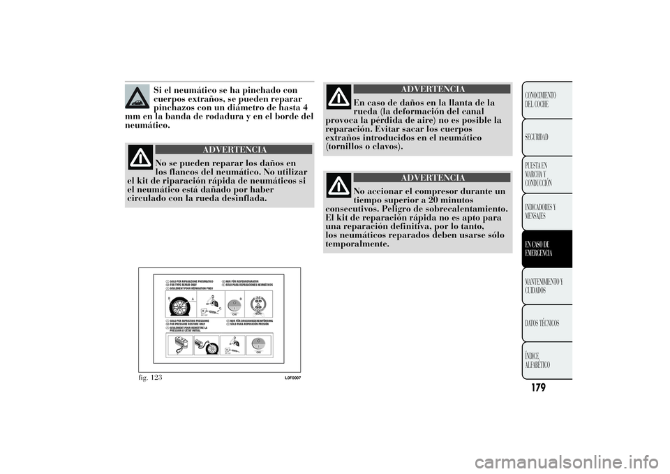 Lancia Ypsilon 2012 Manual de Empleo y Cuidado (in Spanish) Si el neumático se ha pinchado con
cuerpos extraños, se pueden reparar
pinchazos con un diámetro de hasta 4
mm en la banda de rodadura y en el borde del
neumático.
ADVERTENCIA
No se pueden reparar Lancia Ypsilon 2012 Manual de Empleo y Cuidado (in Spanish) Si el neumático se ha pinchado con
cuerpos extraños, se pueden reparar
pinchazos con un diámetro de hasta 4
mm en la banda de rodadura y en el borde del
neumático.
ADVERTENCIA
No se pueden reparar