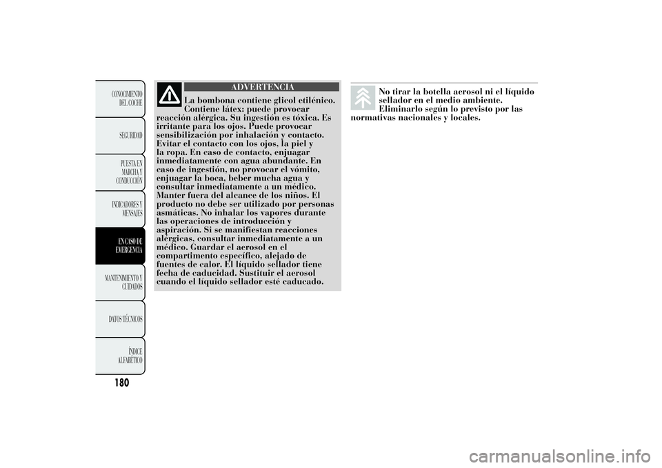 Lancia Ypsilon 2012 Manual de Empleo y Cuidado (in Spanish) ADVERTENCIA
La bombona contiene glicol etilénico.
Contiene látex: puede provocar
reacción alérgica. Su ingestión es tóxica. Es
irritante para los ojos. Puede provocar
sensibilización por inhala Lancia Ypsilon 2012 Manual de Empleo y Cuidado (in Spanish) ADVERTENCIA
La bombona contiene glicol etilénico.
Contiene látex: puede provocar
reacción alérgica. Su ingestión es tóxica. Es
irritante para los ojos. Puede provocar
sensibilización por inhala