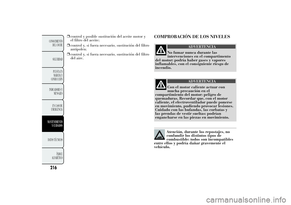 Lancia Ypsilon 2012  Manual de Empleo y Cuidado (in Spanish) ❒control y posible sustitución del aceite motor y
el filtro del aceite;
❒control y, si fuera necesario, sustitución del filtro
antipolen;
❒control y, si fuera necesario, sustitución del filtr
