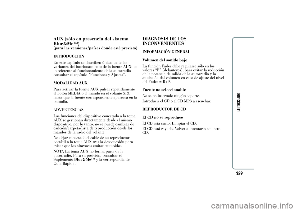 Lancia Ypsilon 2012 Manual de Empleo y Cuidado (in Spanish) AUX (sólo en presencia del sistema
Blue&Me™)(para las versiones/países donde esté previsto)
INTRODUCCIÓN
En este capítulo se describen únicamente las
variantes del funcionamiento de la fuente Lancia Ypsilon 2012 Manual de Empleo y Cuidado (in Spanish) AUX (sólo en presencia del sistema
Blue&Me™)(para las versiones/países donde esté previsto)
INTRODUCCIÓN
En este capítulo se describen únicamente las
variantes del funcionamiento de la fuente