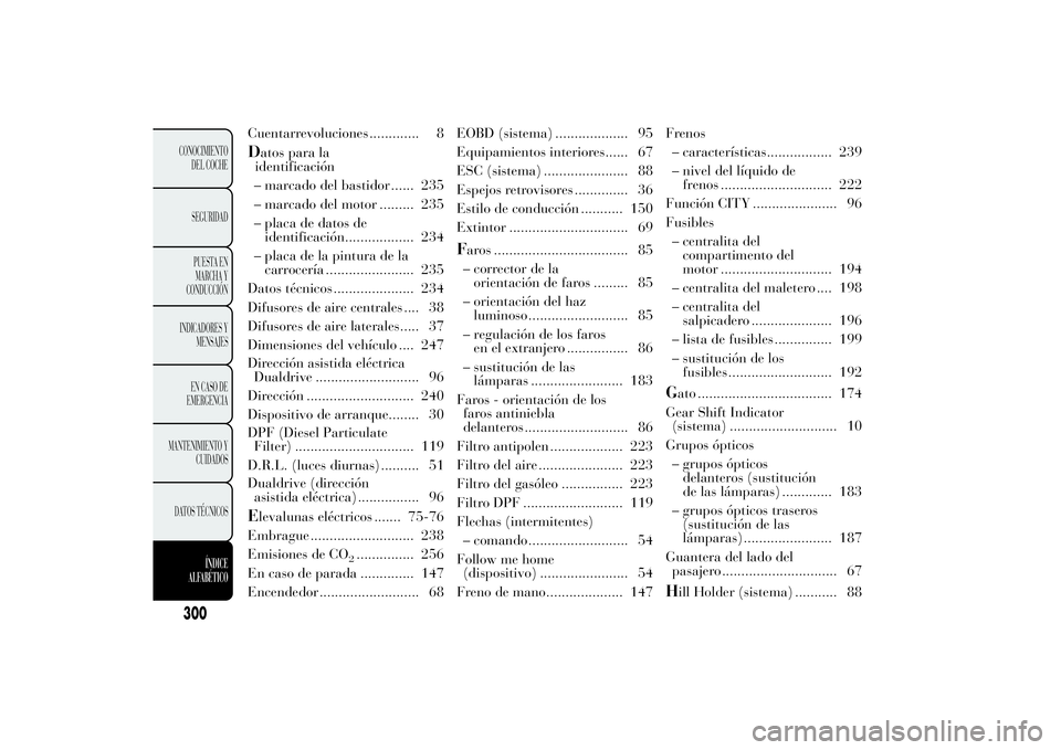 Lancia Ypsilon 2012 Manual de Empleo y Cuidado (in Spanish) Cuentarrevoluciones ............. 8D
atos para la
identificación
– marcado del bastidor ...... 235
– marcado del motor ......... 235
– placa de datos de
identificación.................. 234
Lancia Ypsilon 2012 Manual de Empleo y Cuidado (in Spanish) Cuentarrevoluciones ............. 8D
atos para la
identificación
– marcado del bastidor ...... 235
– marcado del motor ......... 235
– placa de datos de
identificación.................. 234