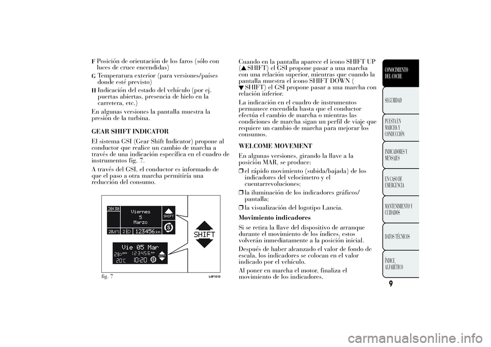 Lancia Ypsilon 2013  Manual de Empleo y Cuidado (in Spanish) FPosición de orientación de los faros (sólo con
luces de cruce encendidas)G
Temperatura exterior (para versiones/países
donde esté previsto)
H
Indicación del estado del vehículo (por ej.
puerta
