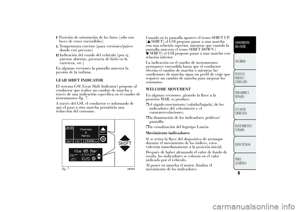 Lancia Ypsilon 2014 Manual de Empleo y Cuidado (in Spanish) FPosición de orientación de los faros (sólo con
luces de cruce encendidas)G
Temperatura exterior (para versiones/países
donde esté previsto)
H
Indicación del estado del vehículo (por ej.
puerta Lancia Ypsilon 2014 Manual de Empleo y Cuidado (in Spanish) FPosición de orientación de los faros (sólo con
luces de cruce encendidas)G
Temperatura exterior (para versiones/países
donde esté previsto)
H
Indicación del estado del vehículo (por ej.
puerta