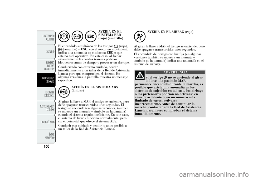 Lancia Ypsilon 2014 Manual de Empleo y Cuidado (in Spanish) AVERÍA EN EL
SISTEMA EBD
(rojo) (amarillo)
El encendido simultáneo de los testigos
(rojo),
(amarillo) yESC, con el motor en movimiento
indica una anomalía en el sistema EBD o que
éste no está ope Lancia Ypsilon 2014 Manual de Empleo y Cuidado (in Spanish) AVERÍA EN EL
SISTEMA EBD
(rojo) (amarillo)
El encendido simultáneo de los testigos
(rojo),
(amarillo) yESC, con el motor en movimiento
indica una anomalía en el sistema EBD o que
éste no está ope