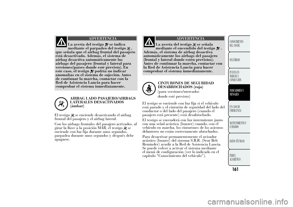 Lancia Ypsilon 2014 Manual de Empleo y Cuidado (in Spanish) ADVERTENCIA
La avería del testigo
se indica
mediante el parpadeo del testigo
,
que señala que el airbag frontal del pasajero
está desactivado. Además, el sistema de
airbag desactiva automáticamen Lancia Ypsilon 2014 Manual de Empleo y Cuidado (in Spanish) ADVERTENCIA
La avería del testigo
se indica
mediante el parpadeo del testigo
,
que señala que el airbag frontal del pasajero
está desactivado. Además, el sistema de
airbag desactiva automáticamen