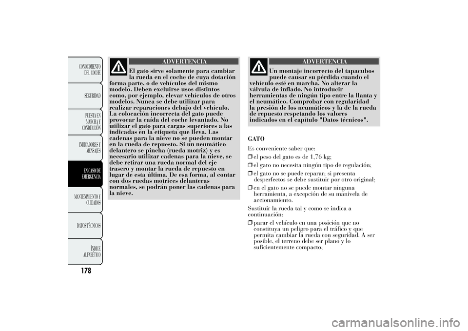 Lancia Ypsilon 2014  Manual de Empleo y Cuidado (in Spanish) ADVERTENCIA
El gato sirve solamente para cambiar
la rueda en el coche de cuya dotación
forma parte, o de vehículos del mismo
modelo. Deben excluirse usos distintos
como, por ejemplo, elevar vehícul