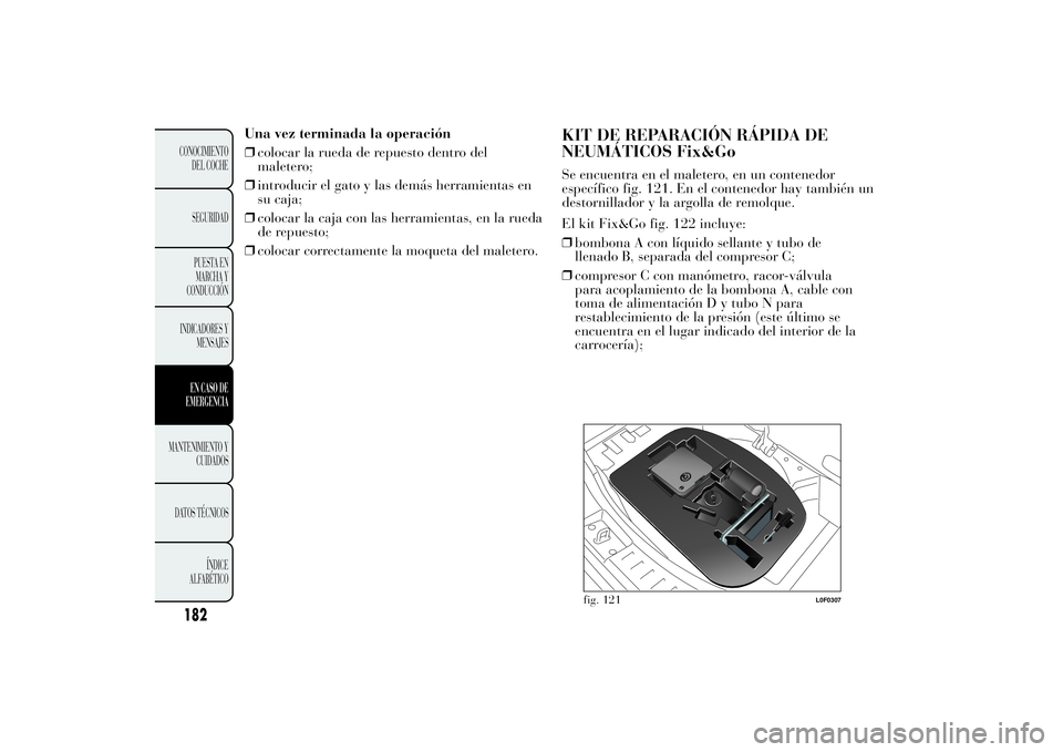 Lancia Ypsilon 2014  Manual de Empleo y Cuidado (in Spanish) Una vez terminada la operación
❒colocar la rueda de repuesto dentro del
maletero;
❒introducir el gato y las demás herramientas en
su caja;
❒colocar la caja con las herramientas, en la rueda
de