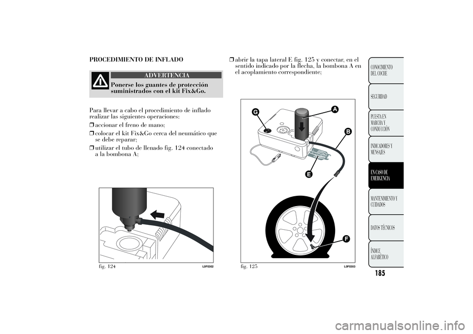 Lancia Ypsilon 2014  Manual de Empleo y Cuidado (in Spanish) 185CONOCIMIENTO
DEL COCHE
SEGURIDAD
PUESTA EN
MARCHA Y
CONDUCCIÓN
INDICADORES Y
MENSAJESEN CASO DE
EMERGENCIAMANTENIMIENTO Y
CUIDADOS
DATOS TÉCNICOS
ÍNDICE
ALFABÉTICO
PROCEDIMIENTO DE INFLADO
ADVE