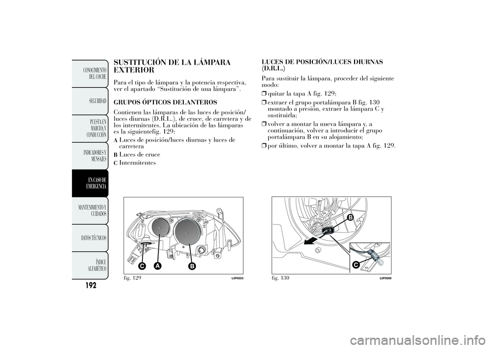 Lancia Ypsilon 2014 Manual de Empleo y Cuidado (in Spanish) SUSTITUCIÓN DE LA LÁMPARA
EXTERIORPara el tipo de lámpara y la potencia respectiva,
ver el apartado “Sustitución de una lámpara”.
GRUPOS ÓPTICOS DELANTEROS
Contienen las lámparas de las luc Lancia Ypsilon 2014 Manual de Empleo y Cuidado (in Spanish) SUSTITUCIÓN DE LA LÁMPARA
EXTERIORPara el tipo de lámpara y la potencia respectiva,
ver el apartado “Sustitución de una lámpara”.
GRUPOS ÓPTICOS DELANTEROS
Contienen las lámparas de las luc