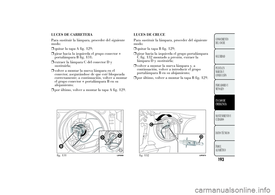 Lancia Ypsilon 2014 Manual de Empleo y Cuidado (in Spanish) LUCES DE CARRETERA
Para sustituir la lámpara, proceder del siguiente
modo:
❒quitar la tapa A fig. 129;
❒girar hacia la izquierda el grupo conector +
portalámpara B fig. 131;
❒extraer la lámpa Lancia Ypsilon 2014 Manual de Empleo y Cuidado (in Spanish) LUCES DE CARRETERA
Para sustituir la lámpara, proceder del siguiente
modo:
❒quitar la tapa A fig. 129;
❒girar hacia la izquierda el grupo conector +
portalámpara B fig. 131;
❒extraer la lámpa
