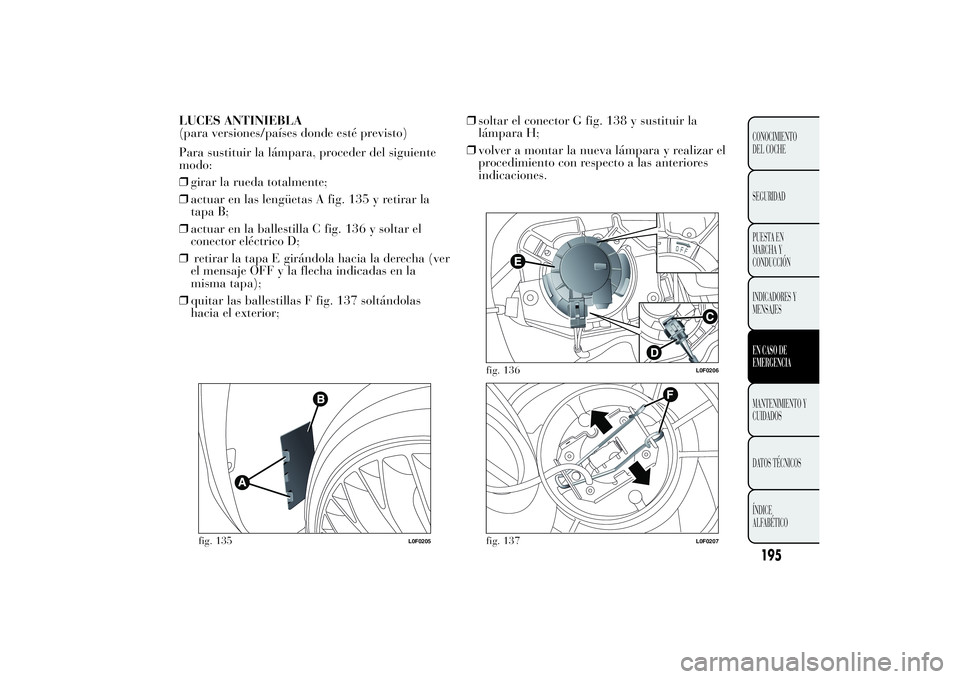 Lancia Ypsilon 2014 Manual de Empleo y Cuidado (in Spanish) LUCES ANTINIEBLA
(para versiones/países donde esté previsto)
Para sustituir la lámpara, proceder del siguiente
modo:
❒girar la rueda totalmente;
❒actuar en las lengüetas A fig. 135 y retirar l Lancia Ypsilon 2014 Manual de Empleo y Cuidado (in Spanish) LUCES ANTINIEBLA
(para versiones/países donde esté previsto)
Para sustituir la lámpara, proceder del siguiente
modo:
❒girar la rueda totalmente;
❒actuar en las lengüetas A fig. 135 y retirar l