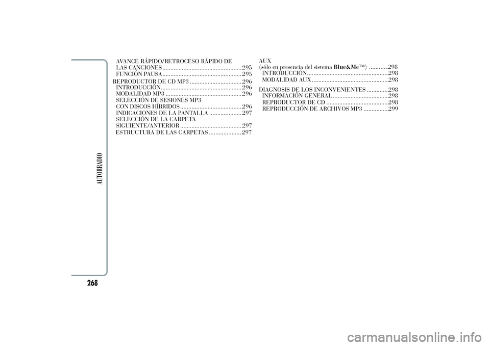 Lancia Ypsilon 2014 Manual de Empleo y Cuidado (in Spanish) AVANCE RÁPIDO/RETROCESO RÁPIDO DE
LAS CANCIONES ..................................................295
FUNCIÓN PAUSA ..................................................295
REPRODUCTOR DE CD MP3 ..... Lancia Ypsilon 2014 Manual de Empleo y Cuidado (in Spanish) AVANCE RÁPIDO/RETROCESO RÁPIDO DE
LAS CANCIONES ..................................................295
FUNCIÓN PAUSA ..................................................295
REPRODUCTOR DE CD MP3 .....