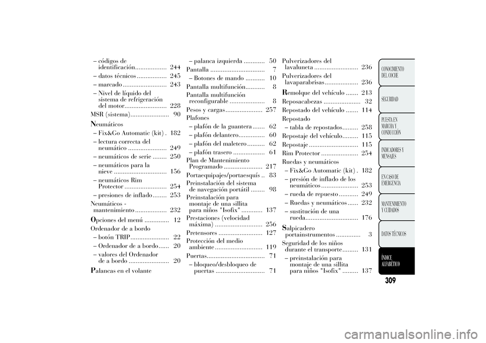 Lancia Ypsilon 2013  Manual de Empleo y Cuidado (in Spanish) – códigos de
identificación.................. 244
– datos técnicos ................. 245
– marcado ......................... 243
– Nivel de líquido del
sistema de refrigeración
del motor.