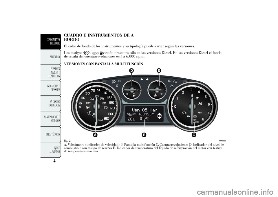 Lancia Ypsilon 2013  Manual de Empleo y Cuidado (in Spanish) CUADRO E INSTRUMENTOS DE A
BORDOEl color de fondo de los instrumentos y su tipología puede variar según las versiones.
Los testigos
,
y
están presentes sólo en las versiones Diesel. En las version