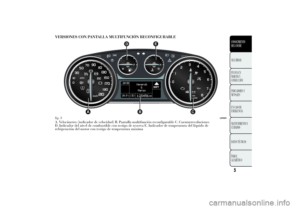 Lancia Ypsilon 2014  Manual de Empleo y Cuidado (in Spanish) VERSIONES CON PANTALLA MULTIFUNCIÓN RECONFIGURABLEA. Velocímetro (indicador de velocidad) B. Pantalla multifunción reconfigurable C. Cuentarrevoluciones
D. Indicador del nivel de combustible con te