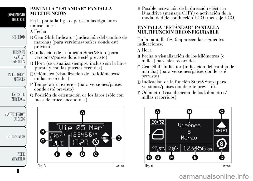 Lancia Ypsilon 2015 Manual de Empleo y Cuidado (in Spanish) PANTALLA "ESTÁNDAR" PANTALLA
MULTIFUNCIÓN
En la pantalla fig. 5 aparecen las siguientes
indicaciones:
AFecha
BGear Shift Indicator (indicación del cambio de
marcha) (para versiones/países Lancia Ypsilon 2015 Manual de Empleo y Cuidado (in Spanish) PANTALLA "ESTÁNDAR" PANTALLA
MULTIFUNCIÓN
En la pantalla fig. 5 aparecen las siguientes
indicaciones:
AFecha
BGear Shift Indicator (indicación del cambio de
marcha) (para versiones/países