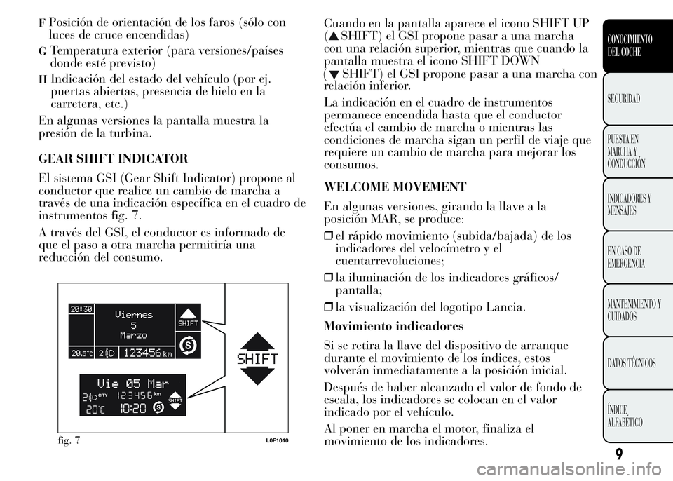 Lancia Ypsilon 2015 Manual de Empleo y Cuidado (in Spanish) FPosición de orientación de los faros (sólo con
luces de cruce encendidas)
GTemperatura exterior (para versiones/países
donde esté previsto)
HIndicación del estado del vehículo (por ej.
puertas Lancia Ypsilon 2015 Manual de Empleo y Cuidado (in Spanish) FPosición de orientación de los faros (sólo con
luces de cruce encendidas)
GTemperatura exterior (para versiones/países
donde esté previsto)
HIndicación del estado del vehículo (por ej.
puertas