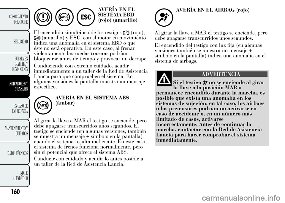 Lancia Ypsilon 2015  Manual de Empleo y Cuidado (in Spanish) AVERÍA EN EL
SISTEMA EBD
(rojo) (amarillo)
El encendido simultáneo de los testigos
(rojo),
(amarillo) yESC, con el motor en movimiento
indica una anomalía en el sistema EBD o que
éste no está ope