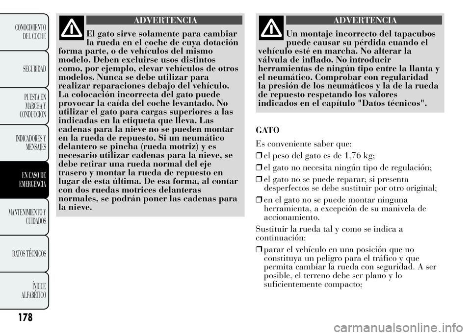 Lancia Ypsilon 2015  Manual de Empleo y Cuidado (in Spanish) ADVERTENCIA
El gato sirve solamente para cambiar
la rueda en el coche de cuya dotación
forma parte, o de vehículos del mismo
modelo. Deben excluirse usos distintos
como, por ejemplo, elevar vehícul
