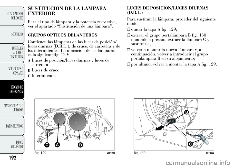 Lancia Ypsilon 2015  Manual de Empleo y Cuidado (in Spanish) SUSTITUCIÓN DE LA LÁMPARA
EXTERIOR
Para el tipo de lámpara y la potencia respectiva,
ver el apartado “Sustitución de una lámpara”.
GRUPOS ÓPTICOS DELANTEROS
Contienen las lámparas de las lu