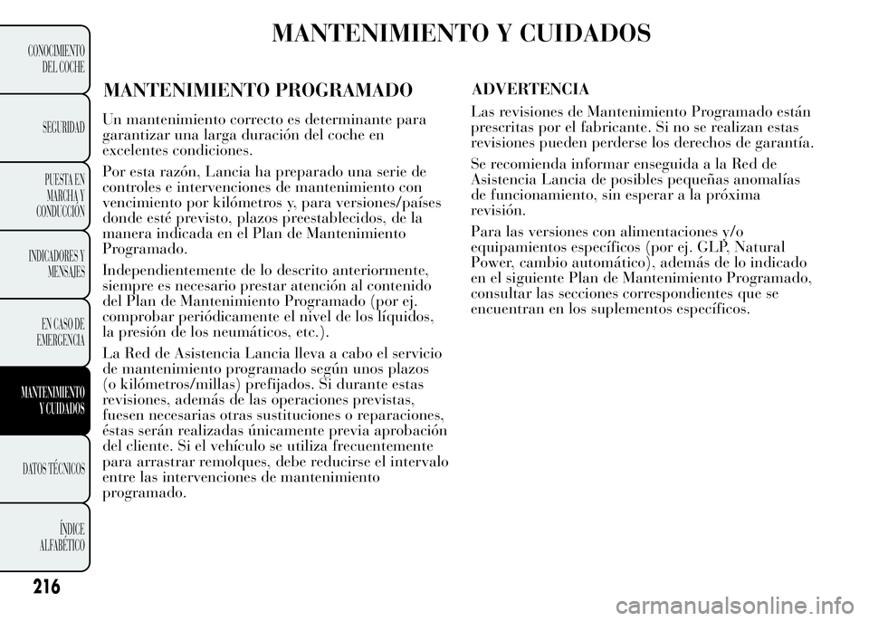 Lancia Ypsilon 2015  Manual de Empleo y Cuidado (in Spanish) MANTENIMIENTO Y CUIDADOS
MANTENIMIENTO PROGRAMADOADVERTENCIA
216
CONOCIMIENTO
DEL COCHE
SEGURIDAD
PUESTA EN
MARCHA Y
CONDUCCIÓN
INDICADORES Y
MENSAJES
EN CASO DE
EMERGENCIA
MANTENIMIENTO
Y CUIDADOS
D
