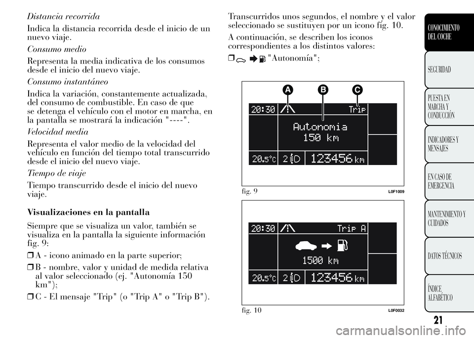 Lancia Ypsilon 2015  Manual de Empleo y Cuidado (in Spanish) Distancia recorrida
Indica la distancia recorrida desde el inicio de un
nuevo viaje.
Consumo medio
Representa la media indicativa de los consumos
desde el inicio del nuevo viaje.
Consumo instantáneo
