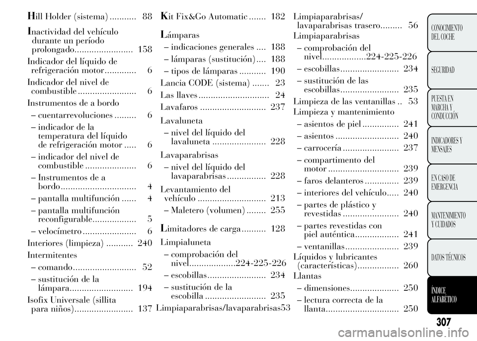 Lancia Ypsilon 2015  Manual de Empleo y Cuidado (in Spanish) Hill Holder (sistema) ........... 88
Inactividad del vehículo
durante un período
prolongado........................ 158
Indicador del líquido de
refrigeración motor ............. 6
Indicador del n