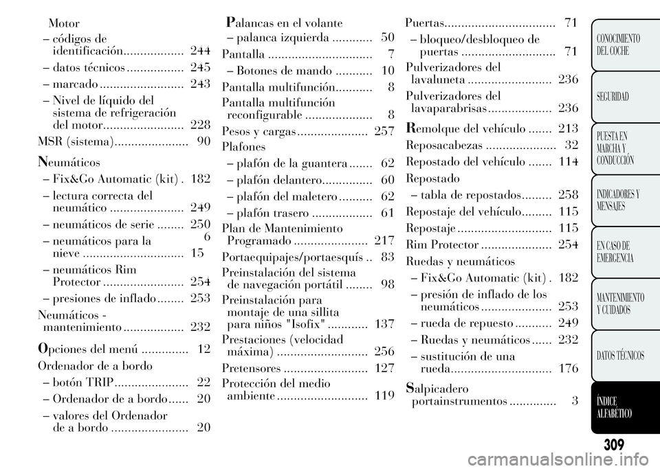 Lancia Ypsilon 2015  Manual de Empleo y Cuidado (in Spanish) – códigos de
identificación.................. 244
– datos técnicos ................. 245
– marcado ......................... 243
– Nivel de líquido del
sistema de refrigeración
del motor.