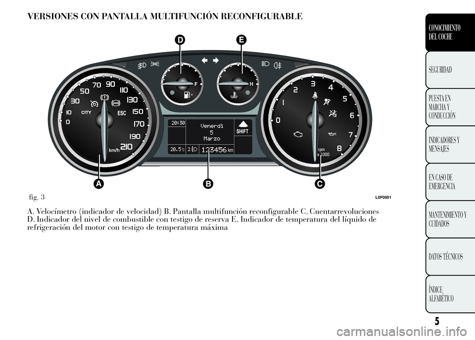 Lancia Ypsilon 2015  Manual de Empleo y Cuidado (in Spanish) VERSIONES CON PANTALLA MULTIFUNCIÓN RECONFIGURABLE
A. Velocímetro (indicador de velocidad) B. Pantalla multifunción reconfigurable C. Cuentarrevoluciones
D. Indicador del nivel de combustible con t