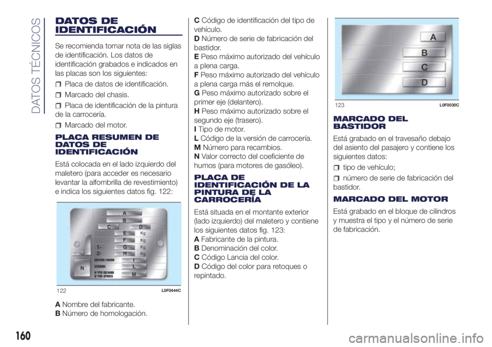Lancia Ypsilon 2021 Manual de Empleo y Cuidado (in Spanish) DATOS DE
IDENTIFICACIÓN
Se recomienda tomar nota de las siglas
de identificación. Los datos de
identificación grabados e indicados en
las placas son los siguientes:
Placa de datos de identificació Lancia Ypsilon 2021 Manual de Empleo y Cuidado (in Spanish) DATOS DE
IDENTIFICACIÓN
Se recomienda tomar nota de las siglas
de identificación. Los datos de
identificación grabados e indicados en
las placas son los siguientes:
Placa de datos de identificació