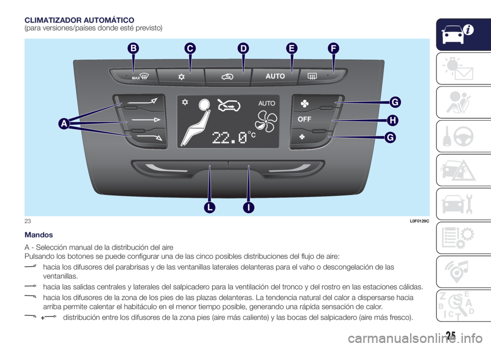 Lancia Ypsilon 2019  Manual de Empleo y Cuidado (in Spanish) CLIMATIZADOR AUTOMÁTICO
(para versiones/países donde esté previsto)
Mandos
A - Selección manual de la distribución del aire
Pulsando los botones se puede configurar una de las cinco posibles dist