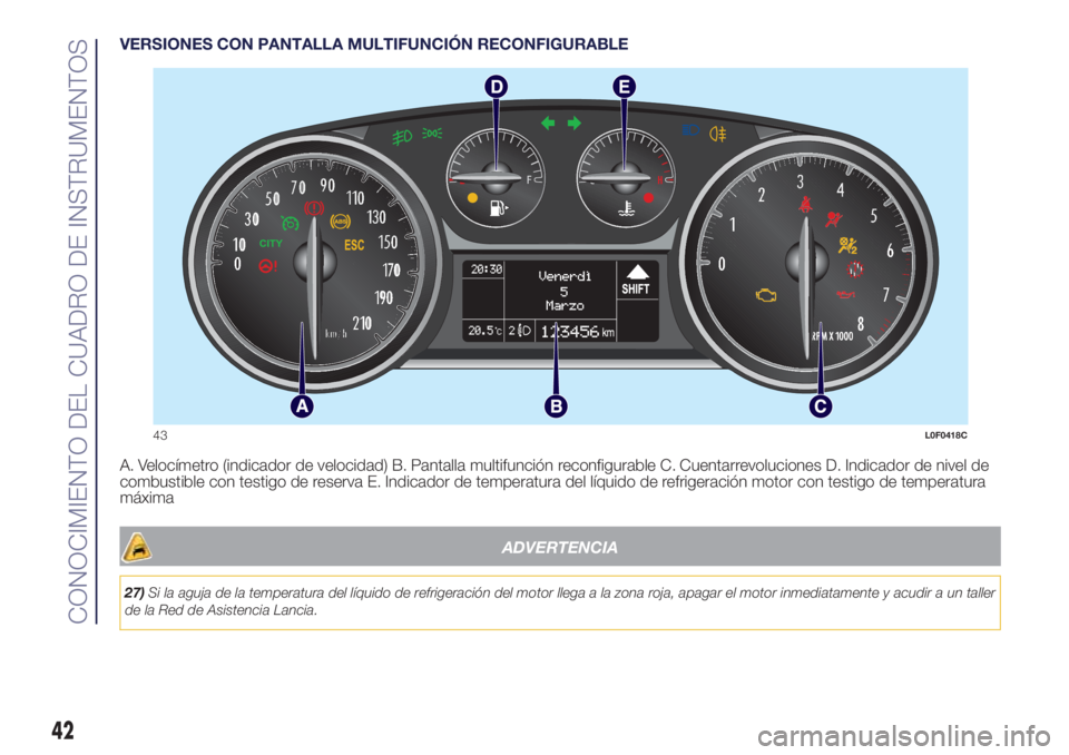 Lancia Ypsilon 2016  Manual de Empleo y Cuidado (in Spanish) VERSIONES CON PANTALLA MULTIFUNCIÓN RECONFIGURABLE
A. Velocímetro (indicador de velocidad) B. Pantalla multifunción reconfigurable C. Cuentarrevoluciones D. Indicador de nivel de
combustible con te