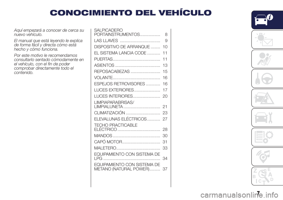 Lancia Ypsilon 2018  Manual de Empleo y Cuidado (in Spanish) CONOCIMIENTO DEL VEHÍCULO
Aquí empezará a conocer de cerca su
nuevo vehículo.
El manual que está leyendo le explica
de forma fácil y directa cómo está
hecho y cómo funciona.
Por este motivo l