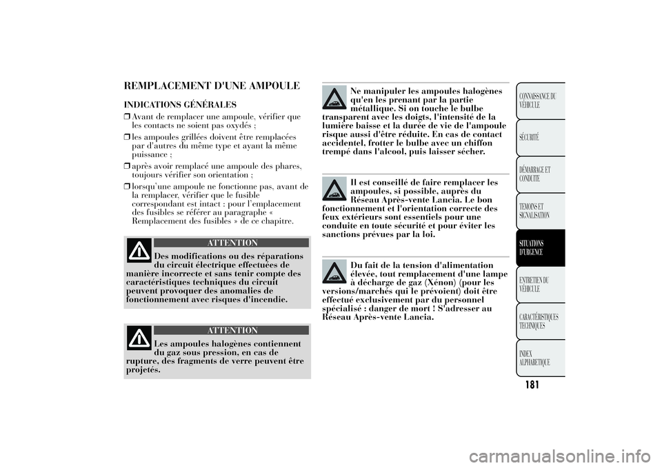 Lancia Ypsilon 2011  Notice dentretien (in French) REMPLACEMENT D'UNE AMPOULEINDICATIONS GÉNÉRALES
❒Avant de remplacer une ampoule, vérifier que
les contacts ne soient pas oxydés ;
❒les ampoules grillées doivent être remplacées
par d