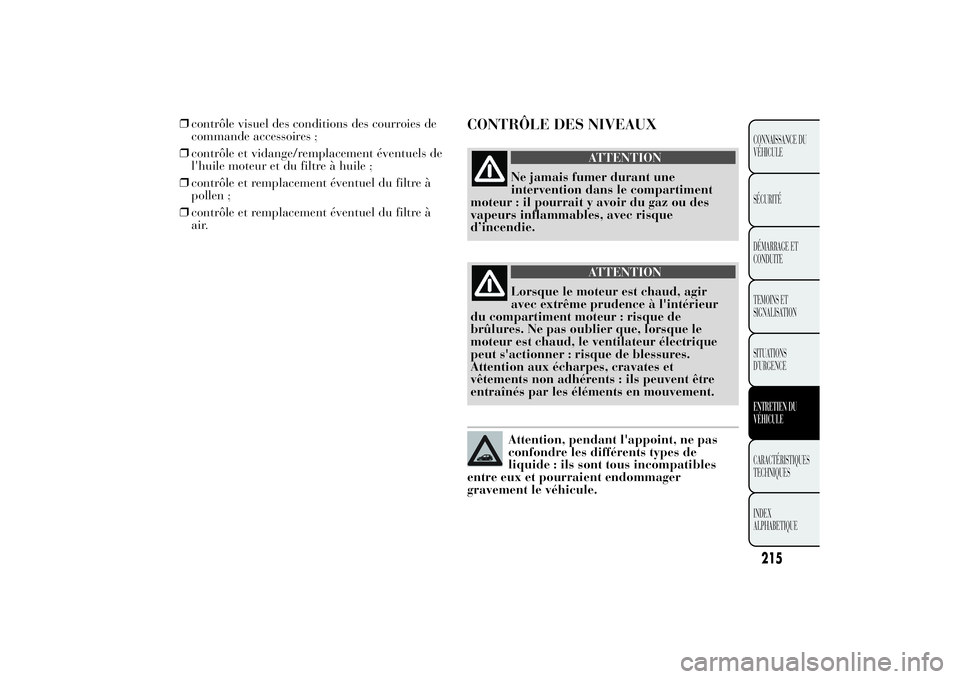 Lancia Ypsilon 2011 Notice dentretien (in French) ❒contrôle visuel des conditions des courroies de
commande accessoires ;
❒contrôle et vidange/remplacement éventuels de
l'huile moteur et du filtre à huile ;
❒contrôle et remplacement é Lancia Ypsilon 2011 Notice dentretien (in French) ❒contrôle visuel des conditions des courroies de
commande accessoires ;
❒contrôle et vidange/remplacement éventuels de
l'huile moteur et du filtre à huile ;
❒contrôle et remplacement é