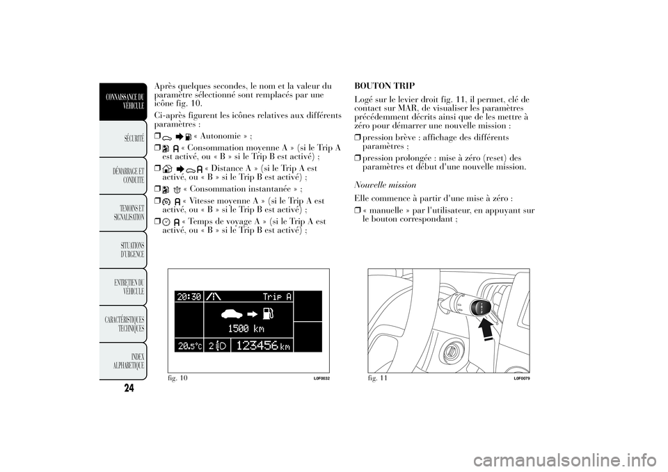 Lancia Ypsilon 2011 Notice dentretien (in French) Après quelques secondes, le nom et la valeur du
paramètre sélectionné sont remplacés par une
icône fig. 10.
Ci-après figurent les icônes relatives aux différents
paramètres :
❒
« Autonomi Lancia Ypsilon 2011 Notice dentretien (in French) Après quelques secondes, le nom et la valeur du
paramètre sélectionné sont remplacés par une
icône fig. 10.
Ci-après figurent les icônes relatives aux différents
paramètres :
❒
« Autonomi
