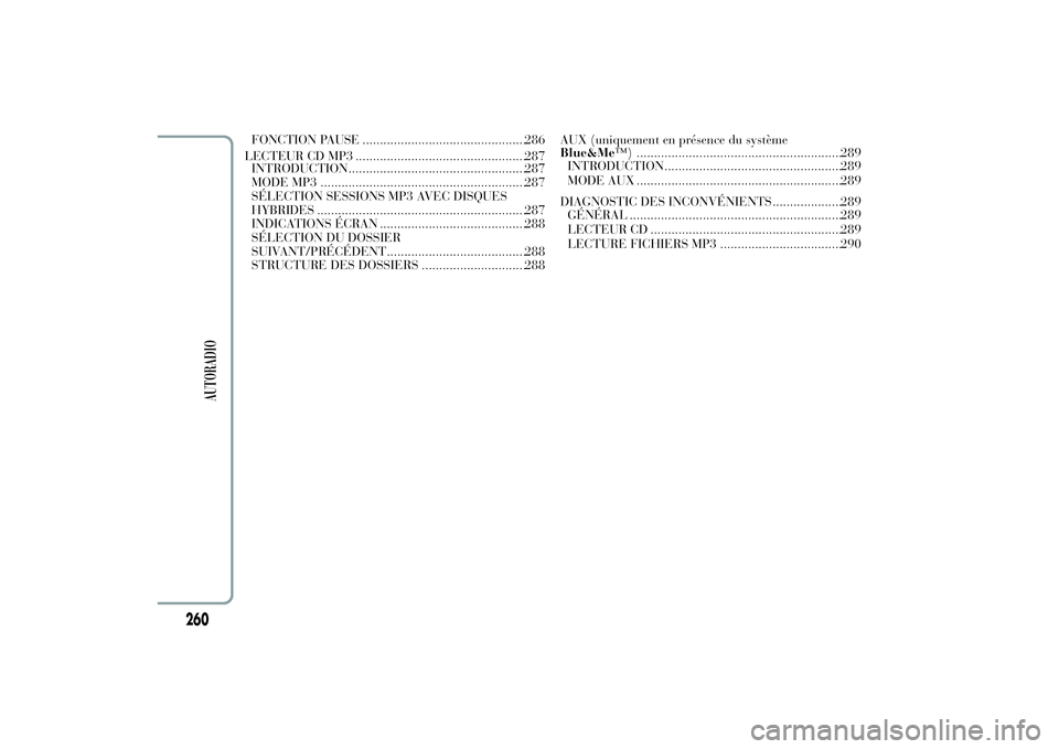 Lancia Ypsilon 2011  Notice dentretien (in French) FONCTION PAUSE ...............................................286
LECTEUR CD MP3 .................................................287
INTRODUCTION...................................................287