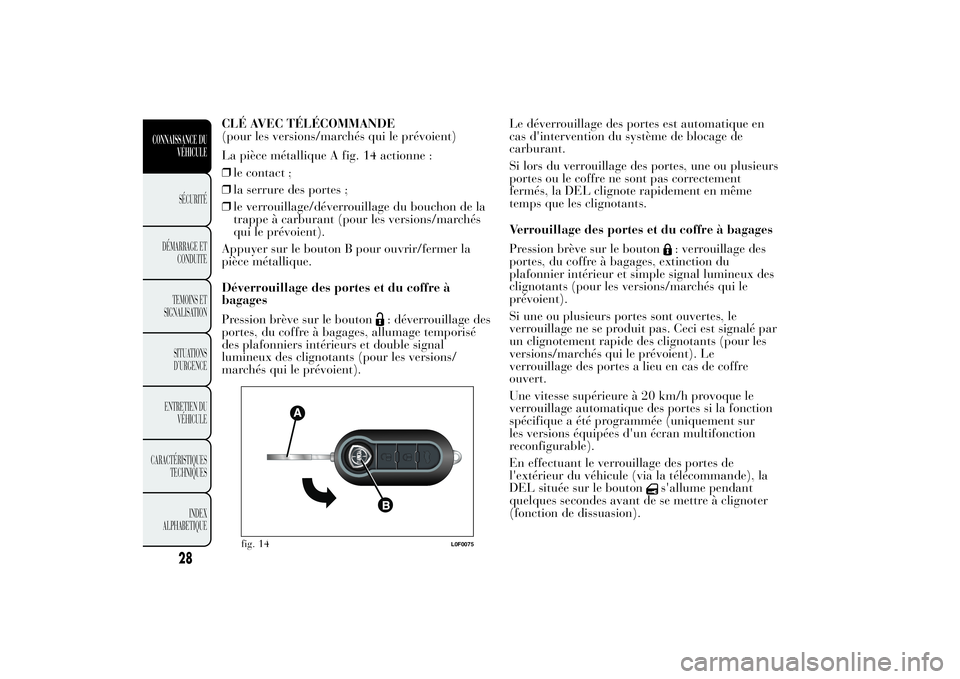 Lancia Ypsilon 2011 Notice dentretien (in French) CLÉ AVEC TÉLÉCOMMANDE
(pour les versions/marchés qui le prévoient)
La pièce métallique A fig. 14 actionne :
❒le contact ;
❒la serrure des portes ;
❒le verrouillage/déverrouillage du bouc Lancia Ypsilon 2011 Notice dentretien (in French) CLÉ AVEC TÉLÉCOMMANDE
(pour les versions/marchés qui le prévoient)
La pièce métallique A fig. 14 actionne :
❒le contact ;
❒la serrure des portes ;
❒le verrouillage/déverrouillage du bouc