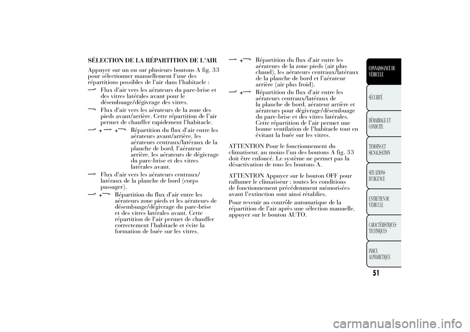 Lancia Ypsilon 2011 Notice dentretien (in French) SÉLECTION DE LA RÉPARTITION DE L'AIR
Appuyer sur un ou sur plusieurs boutons A fig.
pour sélectionner manuellement l'une des
répartitions possibles de l'air dans l'habitacle :
Flux Lancia Ypsilon 2011 Notice dentretien (in French) SÉLECTION DE LA RÉPARTITION DE L'AIR
Appuyer sur un ou sur plusieurs boutons A fig.
pour sélectionner manuellement l'une des
répartitions possibles de l'air dans l'habitacle :
Flux