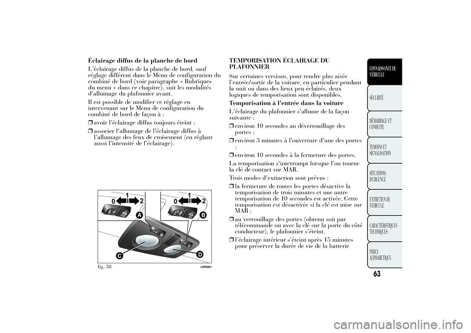 Lancia Ypsilon 2011 Notice dentretien (in French) Éclairage diffus de la planche de bord
L'éclairage diffus de la planche de bord, sauf
réglage différent dans le Menu de configuration du
combiné de bord (voir paragraphe « Rubriques
du menu Lancia Ypsilon 2011 Notice dentretien (in French) Éclairage diffus de la planche de bord
L'éclairage diffus de la planche de bord, sauf
réglage différent dans le Menu de configuration du
combiné de bord (voir paragraphe « Rubriques
du menu