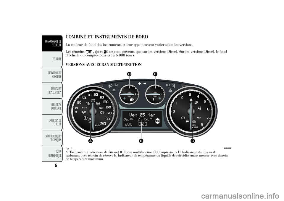 Lancia Ypsilon 2011 Notice dentretien (in French) COMBINÉ ET INSTRUMENTS DE
BORDLa couleur de fond des instruments et leur type peuvent varier selon les versions.
Les témoins
,
et
ne sont présents que sur les versions Diesel. Sur les versions Dies Lancia Ypsilon 2011 Notice dentretien (in French) COMBINÉ ET INSTRUMENTS DE
BORDLa couleur de fond des instruments et leur type peuvent varier selon les versions.
Les témoins
,
et
ne sont présents que sur les versions Diesel. Sur les versions Dies