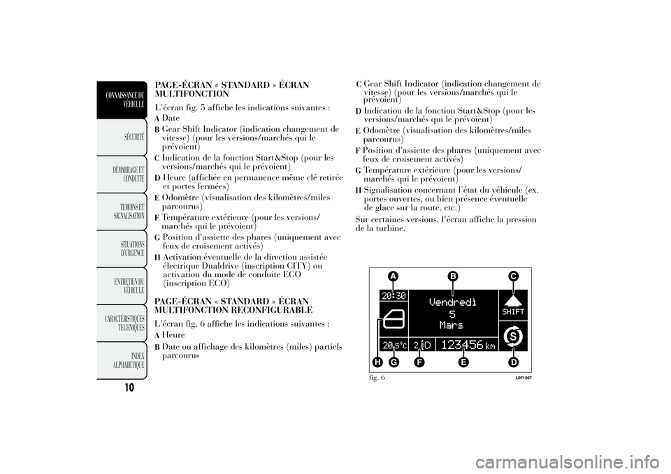 Lancia Ypsilon 2012  Notice dentretien (in French) ADateBGear Shift Indicator (indication changement de
vitesse) (pour les versions/marchés qui le
prévoient)CIndication de la fonction Start&Stop (pour les
versions/marchés qui le prévoient)D
Heure 