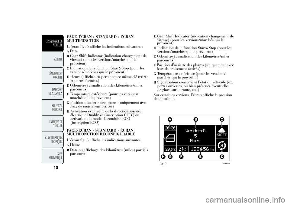 Lancia Ypsilon 2012 Notice dentretien (in French) ADateBGear Shift Indicator (indication changement de
vitesse) (pour les versions/marchés qui le
prévoient)CIndication de la fonction Start&Stop (pour les
versions/marchés qui le prévoient)D
Heure Lancia Ypsilon 2012 Notice dentretien (in French) ADateBGear Shift Indicator (indication changement de
vitesse) (pour les versions/marchés qui le
prévoient)CIndication de la fonction Start&Stop (pour les
versions/marchés qui le prévoient)D
Heure