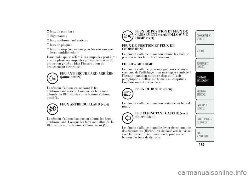 Lancia Ypsilon 2012  Notice dentretien (in French) ❒feux de position ;
❒clignotants ;
❒feux antibrouillard arrière ;
❒feux de plaque ;
❒feux de stop (seulement pour les versions avec
écran multifonction).
L’anomalie qui se réfère à ce