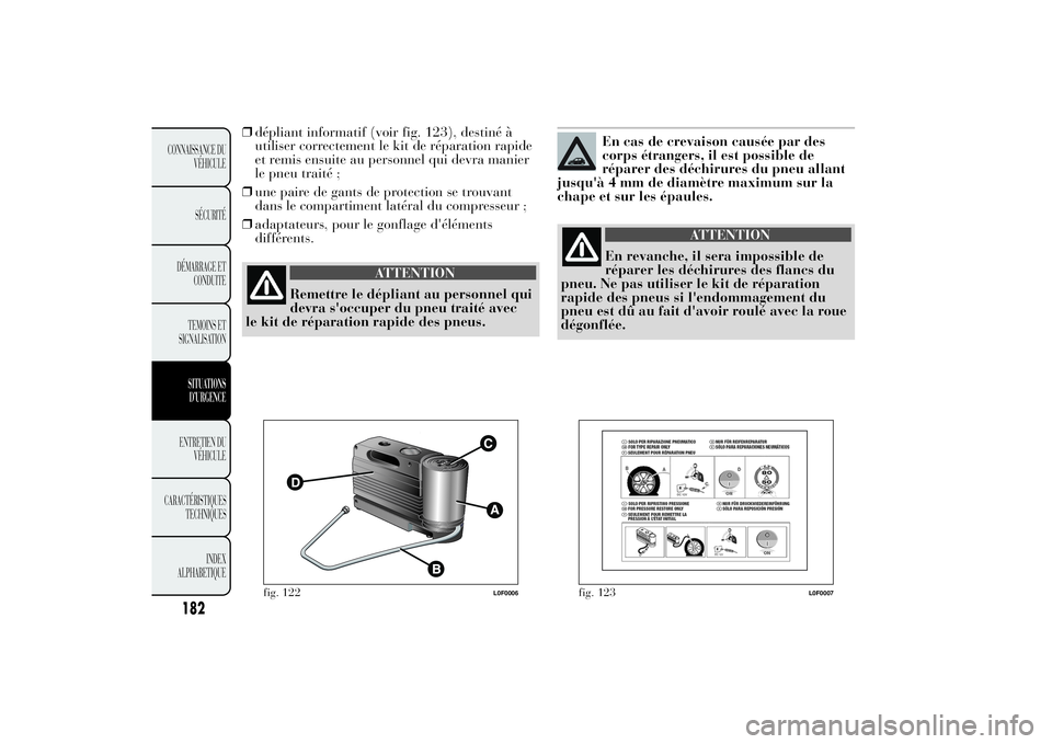 Lancia Ypsilon 2012  Notice dentretien (in French) ❒dépliant informatif (voir fig. 123), destiné à
utiliser correctement le kit de réparation rapide
et remis ensuite au personnel qui devra manier
le pneu traité ;
❒une paire de gants de protec