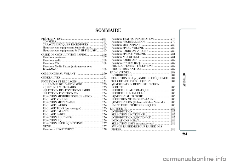 Lancia Ypsilon 2012  Notice dentretien (in French) SOMMAIRE
PRÉSENTATION .....................................................263
CONSEILS.............................................................263
CARACTÉRISTIQUES TECHNIQUES ..................