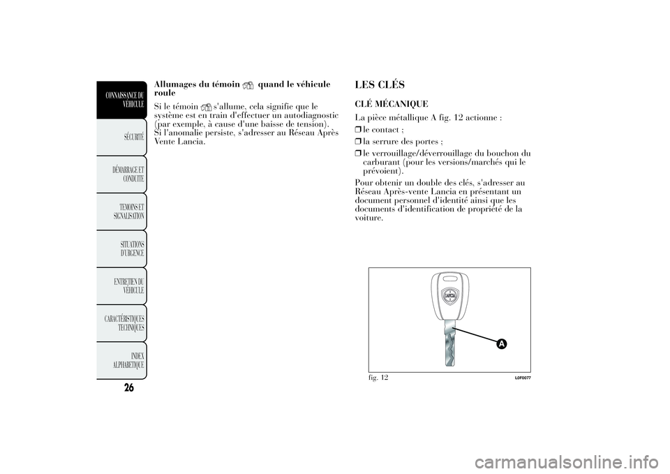 Lancia Ypsilon 2012 Notice dentretien (in French) Allumages du témoin
quand le véhicule
roule
Si le témoin
s'allume, cela signifie que le
système est en train d'effectuer un autodiagnostic
(par exemple, à cause d'une baisse de tensio Lancia Ypsilon 2012 Notice dentretien (in French) Allumages du témoin
quand le véhicule
roule
Si le témoin
s'allume, cela signifie que le
système est en train d'effectuer un autodiagnostic
(par exemple, à cause d'une baisse de tensio