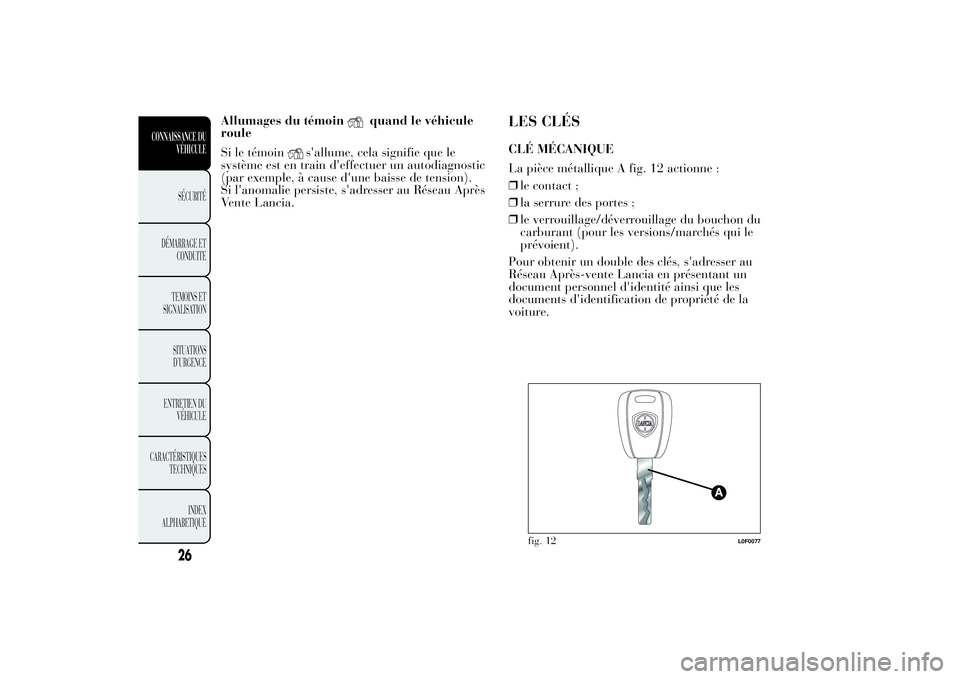 Lancia Ypsilon 2012  Notice dentretien (in French) Allumages du témoin
quand le véhicule
roule
Si le témoin
s'allume, cela signifie que le
système est en train d'effectuer un autodiagnostic
(par exemple, à cause d'une baisse de tensio