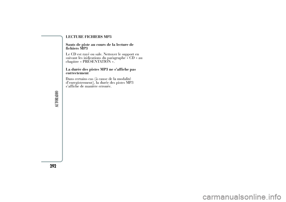 Lancia Ypsilon 2012  Notice dentretien (in French) LECTURE FICHIERS MP3
Sauts de piste au cours de la lecture de
fichiers MP3
Le CD est rayé ou sale. Nettoyer le support en
suivant les indications du paragraphe « CD » au
chapitre « PRÉSENTATION 